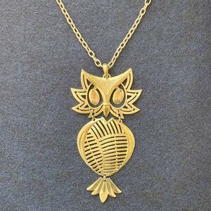 Large Vintage Golden Owl Pendant, Reticulated on Long Golden Chain, Medium Links